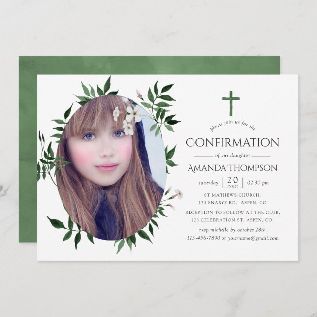 Watercolor Forest Greenery Confirmation Invitation (Front/Back)