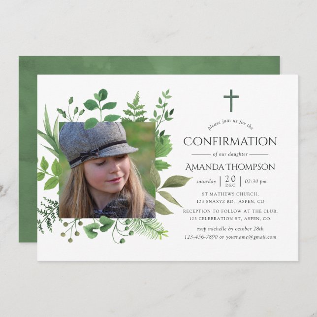 Watercolor Forest Greenery Confirmation Invitation (Front/Back)