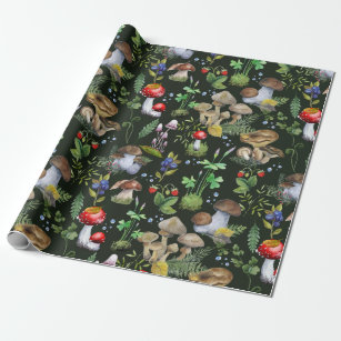 Watercolor Forest Greenery Mushrooms Berries Fall Wrapping Paper