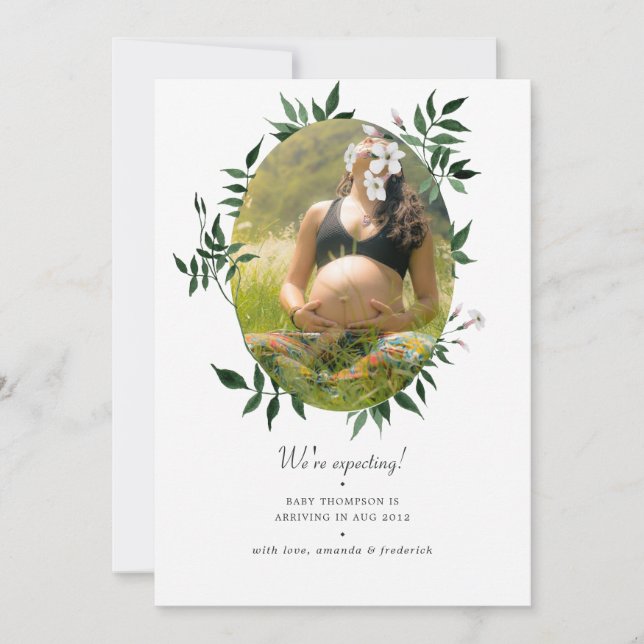 Watercolor Forest Greenery Photo Pregnancy Announcement (Front)