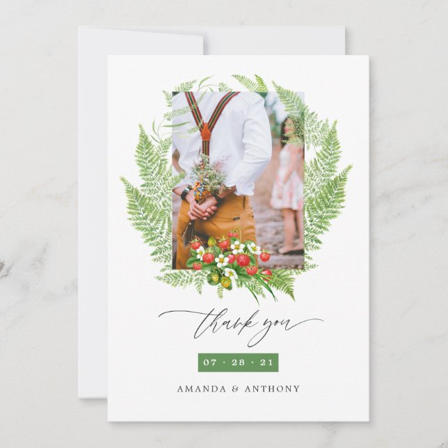 Watercolor Forest Greenery Wedding Photo Thank You Card (Front)