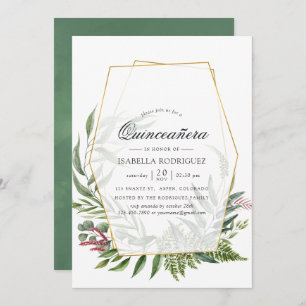 Watercolor Forest Herbarium Geometric Quinceañera Invitation