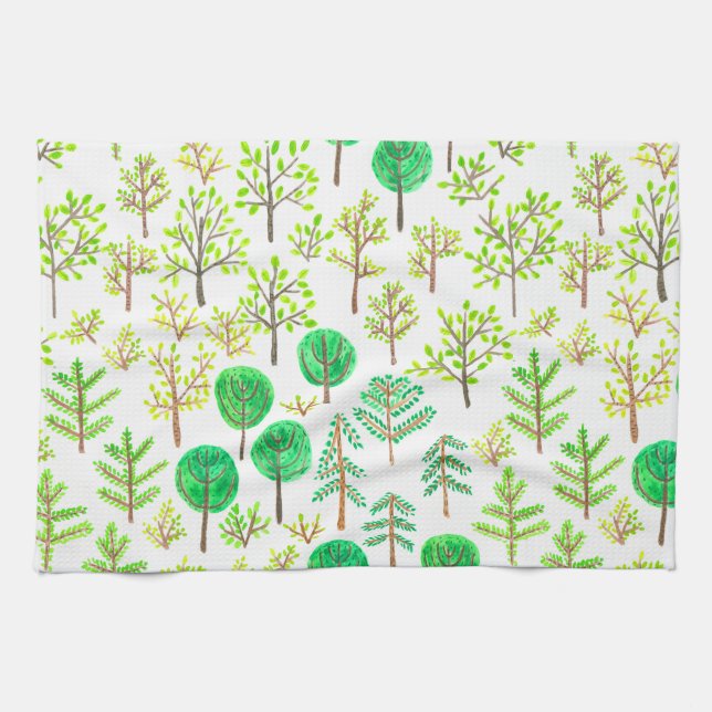 Watercolor forest in doodle style tea towel (Horizontal)