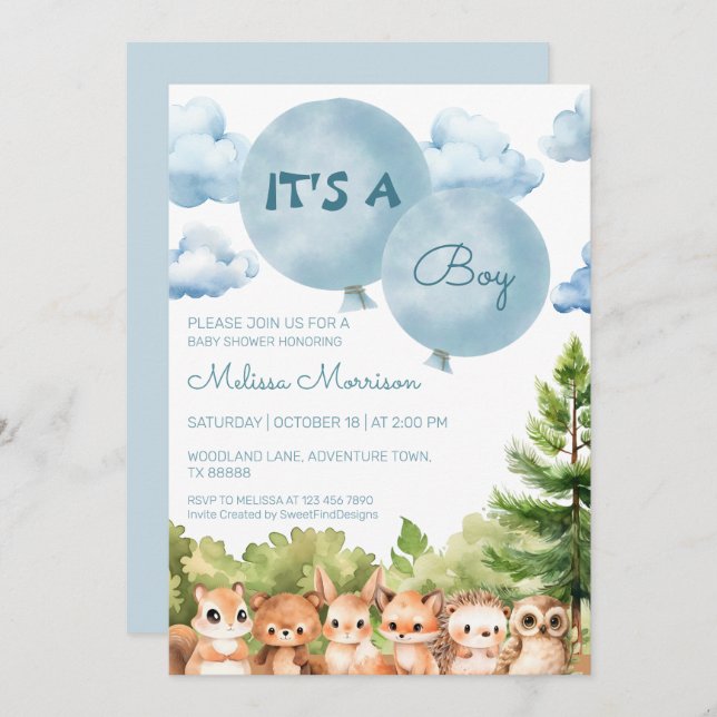 Watercolor Forest It's A Boy Baby Shower Invitation (Front/Back)