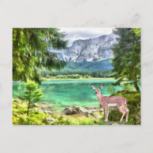Watercolor Forest Lake Deer Landscape Postcard
