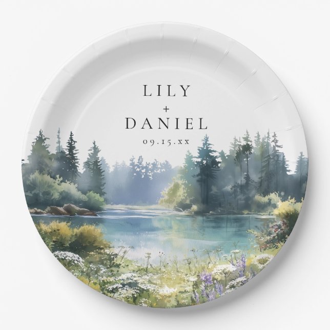 Watercolor Forest Lakeside Wildflower Wedding Paper Plate (Front)