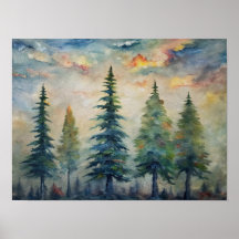 Watercolor Forest Landscape, Pine Trees at Dusk