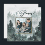 Watercolor Forest | Merry Christmas Photo Card<br><div class="desc">Your family photo is front and centre in a forest green frame with a faux gold overlay. The background on this Christmas card features a majestic watercolor forest of evergreen trees. The top of the card has a watercolor greeting that says "Merry Christmas." You can personalise with your name. The...</div>