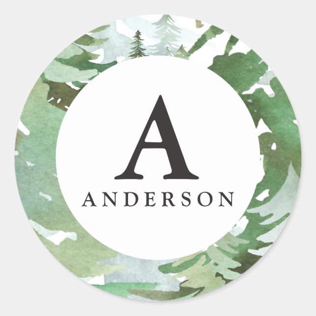 Watercolor forest monogram initial sticker (Front)