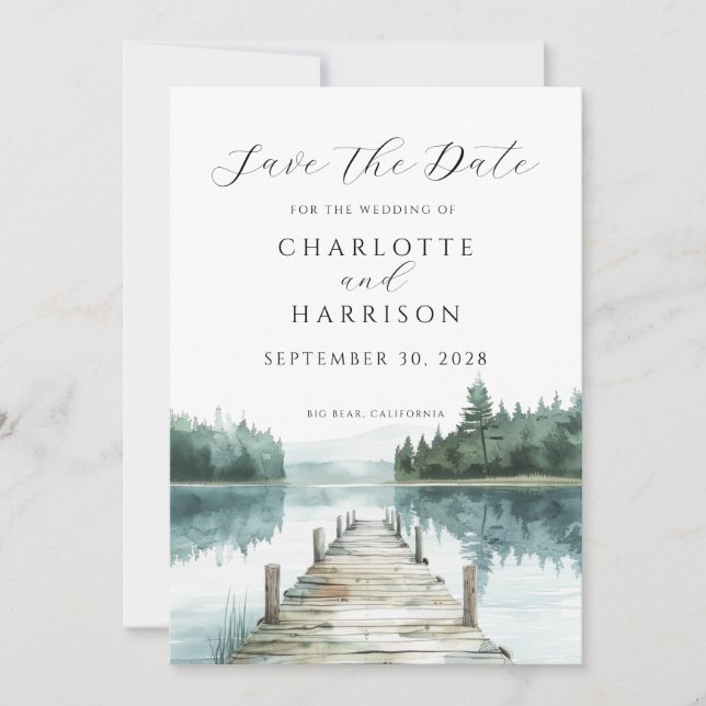 Watercolor Forest Mountain Lake Save the Date (Front)