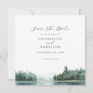 Watercolor Forest Mountain Lake Save the Date Invitation