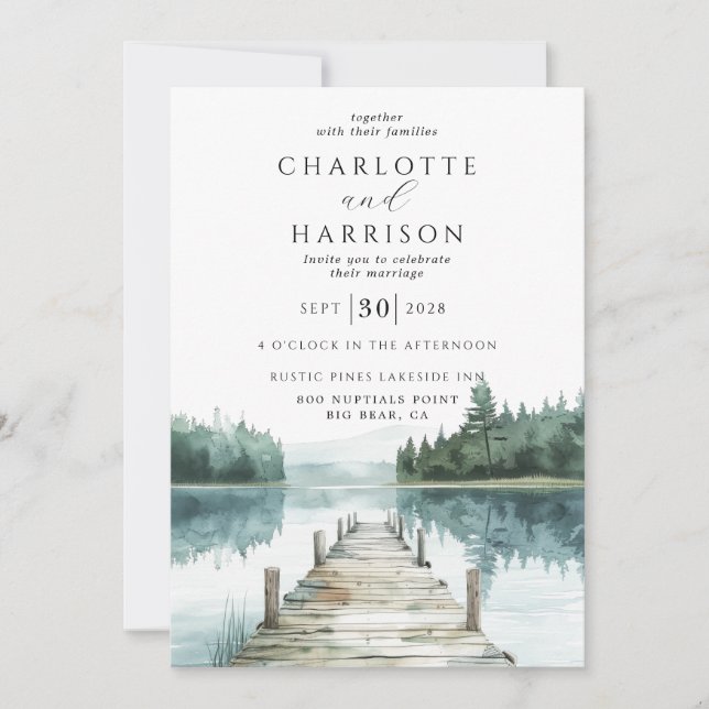 Watercolor Forest Mountain Lake Wedding  Invitation (Front)