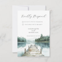 Watercolor Forest Mountain Lake Wedding RSVP