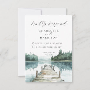 Watercolor Forest Mountain Lake Wedding RSVP Card