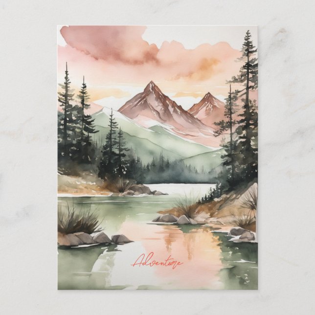 Watercolor Forest Mountains Nature Holiday Postcard (Front)