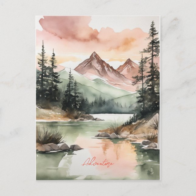 Watercolor Forest Mountains Nature Postcard (Front)