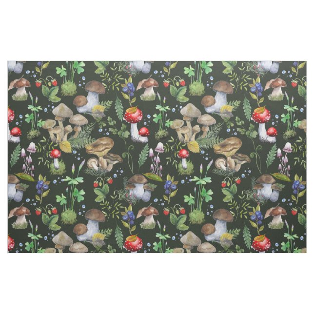 Watercolor Forest Mushrooms Greenery Berry Pattern Fabric (Fat Quarter)