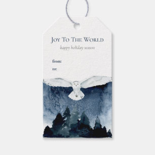 Watercolor Forest Owl Joy Christmas Blue Snow Gift Tags