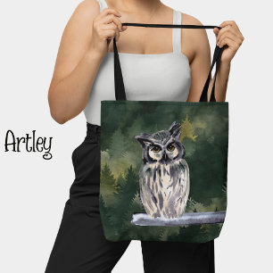 Watercolor forest owl tote bag, snowy owl tote bag