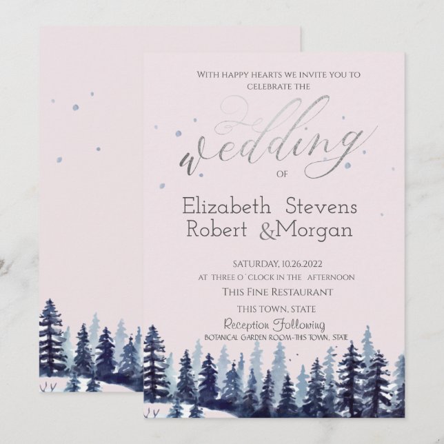 Watercolor Forest Pine Trees Wedding  Invitation (Front/Back)