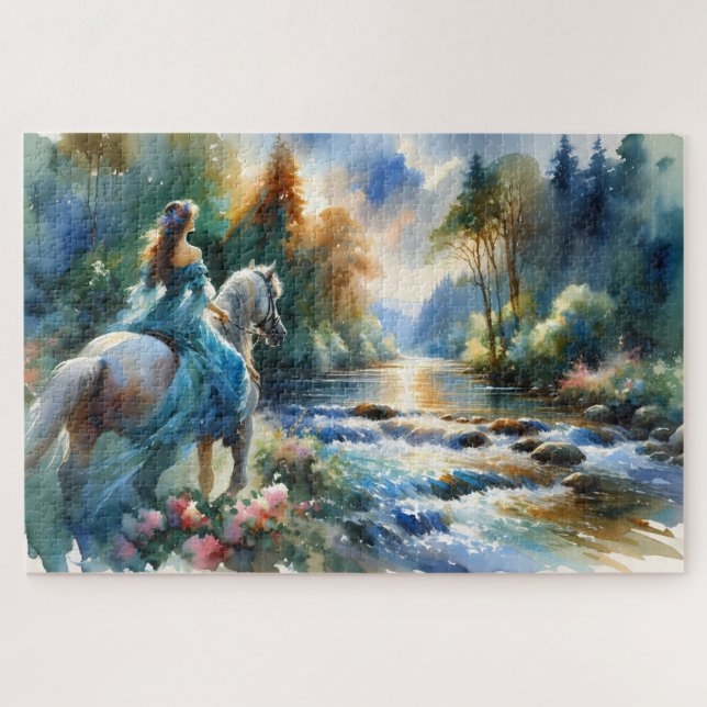 Watercolor Forest River Horsewoman Dreamscape Jigsaw Puzzle (Horizontal)