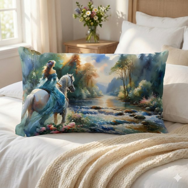 Watercolor Forest River Horsewoman Dreamscape Lumbar Cushion (Watercolor Forest River Horsewoman Dreamscape Lumbar Pillow Mockup a)