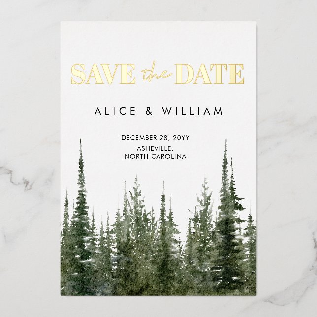 Watercolor Forest Rustic Pine Trees Save The Date (Front)