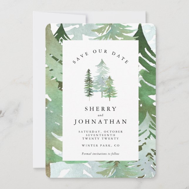 Watercolor forest save our date wedding invitation (Front)