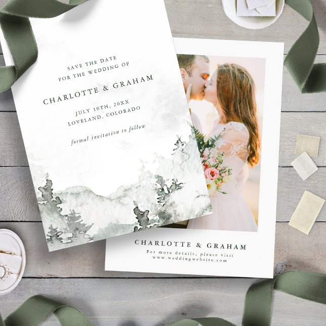 Watercolor Forest Save The Date (Simple Minimalist Photo Watercolor Forest Save The Date
)