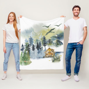 Watercolor forest scene fleece blanket
