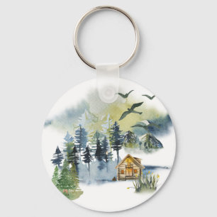 Watercolor forest scene key ring