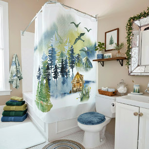 Watercolor forest scene shower curtain