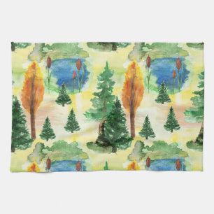 Watercolor forest tea towel