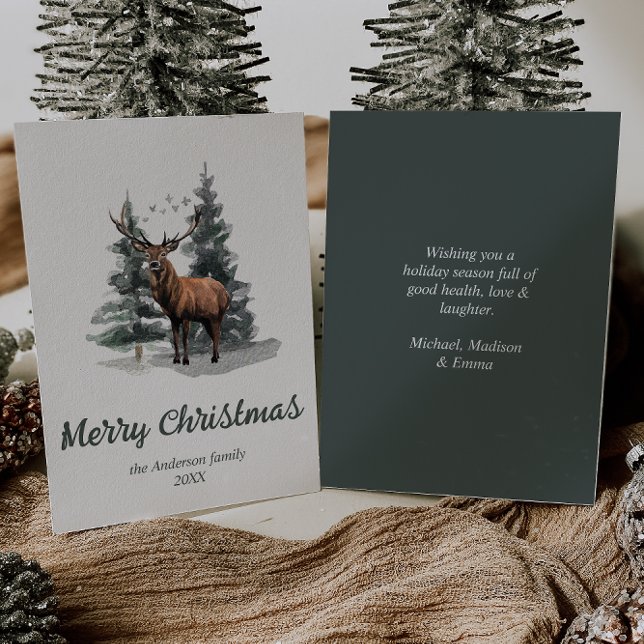 Watercolor Forest Trees Reindeer Merry Christmas   Holiday Card (Creator Uploaded)