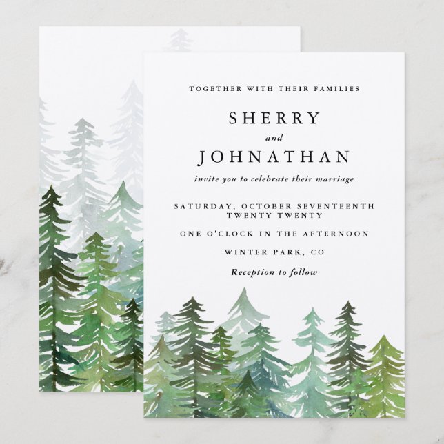 Watercolor forest wedding invitation (Front/Back)