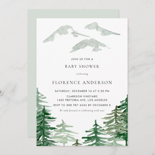 Watercolor Forest Winter Woodland Baby Shower Invitation (Front/Back)