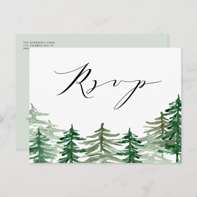 Watercolor Forest Woodland Wedding QR Code RSVP Postcard (Front/Back)