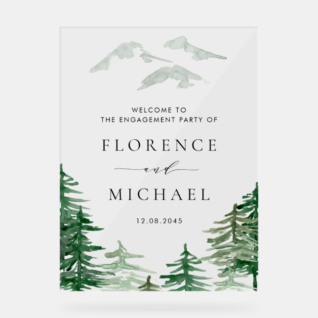 Watercolor Forest Woodland Winter Engagement Party Acrylic Sign (Front)