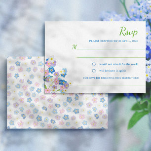 Watercolor Forget Me Not Blue & Pink Wedding RSVP Card