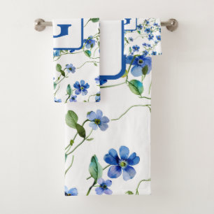 watercolor forget me not flowers Monogram Bath Towel Set