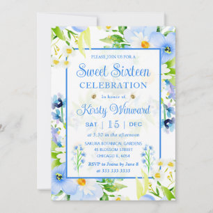 Watercolor Forget-Me-Nots & Daisies Sweet Sixteen Invitation