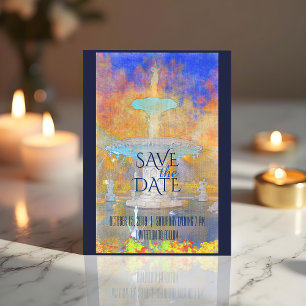 Watercolor Forsyth Fountain at Night Save The Date Announcement Postcard