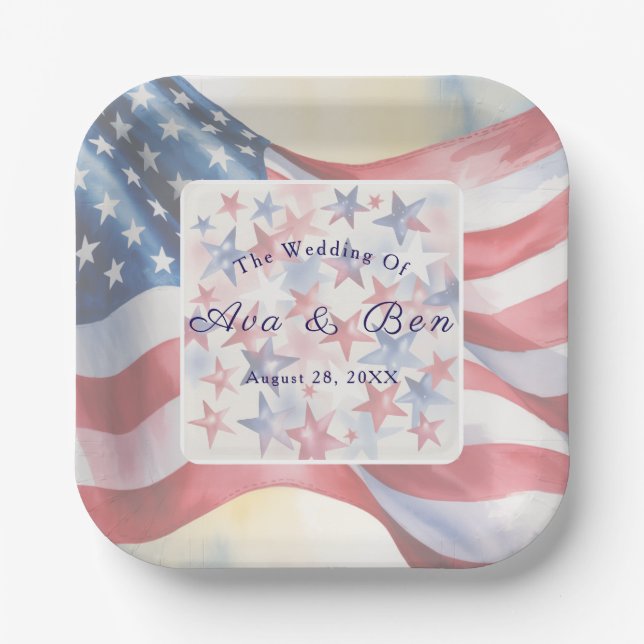 Watercolor Fourth Of July Wedding Paper Plates (Front)