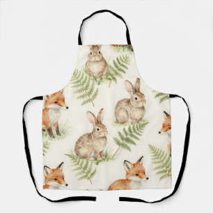 Watercolor Fox and Bunny Forest Pattern Apron