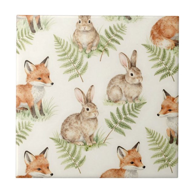 Watercolor Fox and Bunny Forest Pattern Ceramic Tile (Front)