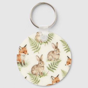 Watercolor Fox and Bunny Forest Pattern Key Ring