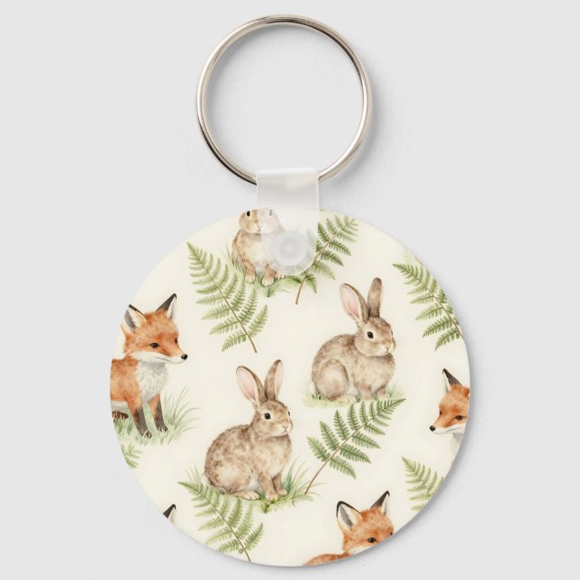 Watercolor Fox and Bunny Forest Pattern Key Ring (Front)