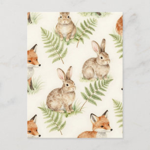 Watercolor Fox and Bunny Forest Pattern Postcard