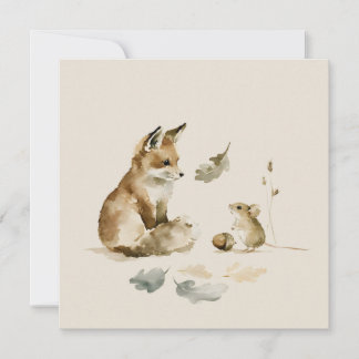 Watercolor Fox and Field Mouse Autumn Woodland Card