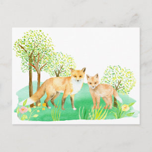 Watercolor fox and kit postcard